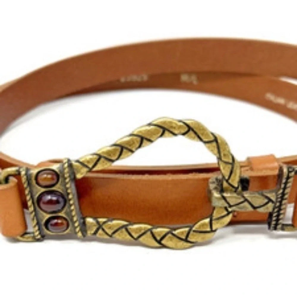 Chicos Italian Leather Brass Tone Waist Belt Size M/L Adjustable Hook Gemstones‎